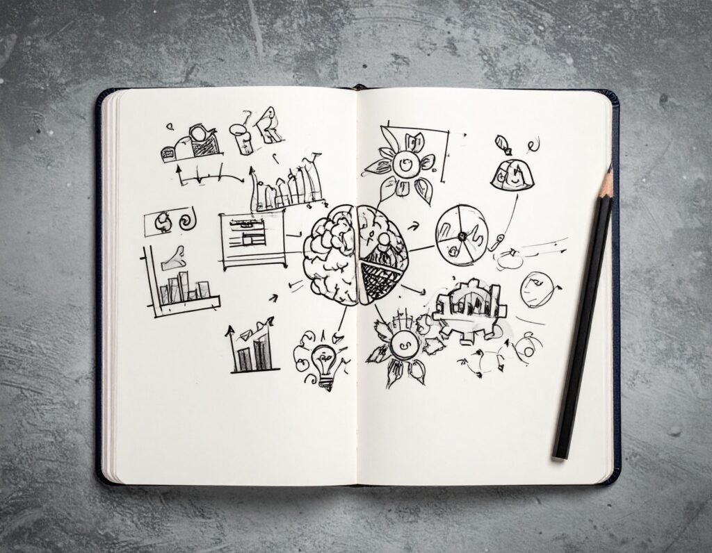 Open notebook with creative drawings and ideas, representing learning, reflection, and personal growth.